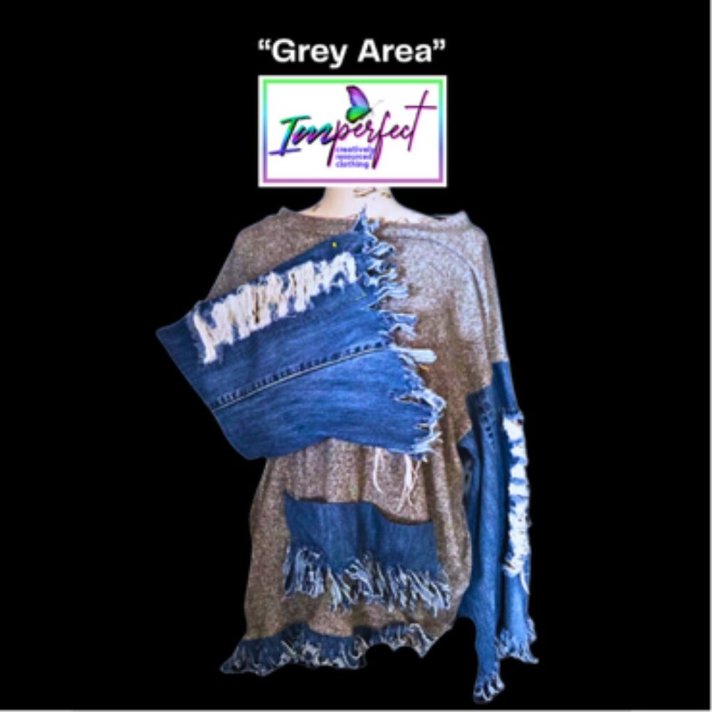 Upcycled grey sweater with denim sleeves